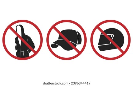 Bundle set of Isolated prohibition sign of do not wear hoodie, helm and hat, motorcycle helmet and head wear prohibited for indoor security sign, ATM, Bank, Store