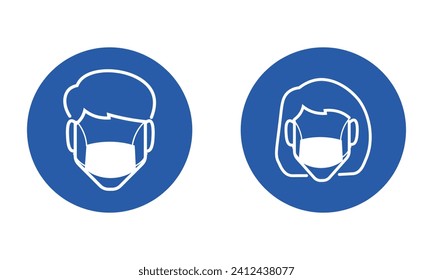 Für das Zeichen der industriellen Sicherheit ist ein Bündel von isolierten, runden blauen Gesichtsmasken mit einer Umrissfläche für Männer und Frauen obligatorisch