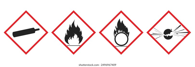 Bundle set isolated safety sign of flammable material, corrosive oxidizing agent substance, high pressure bottle tank for safety, danger, industrial sign