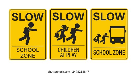 Bundle set label slow Speed, School Zone Safety sign. boy, girls, student and Bus, kids at play in yellow rectangle sign