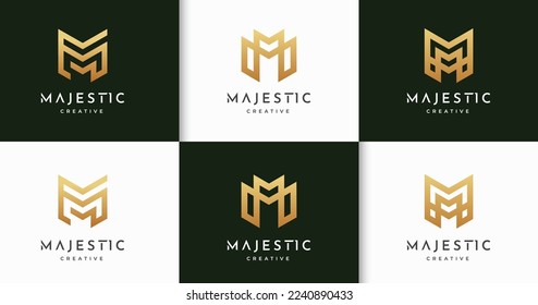Conjunto de elementos de la plantilla de diseño del logotipo M de la letra. Conjunto de símbolos creativos del logotipo M inicial vectorial. La carta de lujo colección de logotipos con el estilo de la línea dorada M. Letra inicial M Logo para marca comercial o empresa  