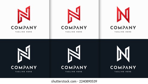 Conjunto de elementos de la plantilla de diseño del logotipo N de la letra. Conjunto de un vector creativo del símbolo N inicial. Colección del logotipo de la letra de color rojo N estilo de línea. Letra inicial N Logotipo para marca comercial o empresa  