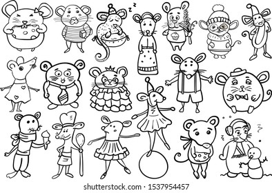 Bundle Set of mice or rats. Collection on the theme of cuisine, circus, entertainment, recreation. Coloring page adult and kids. Cartoon style, vector