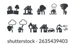 Bundle set of natural disaster icons including earthquake, storm, tornado, thunderstorm, flood, fire, and car crashing into house.