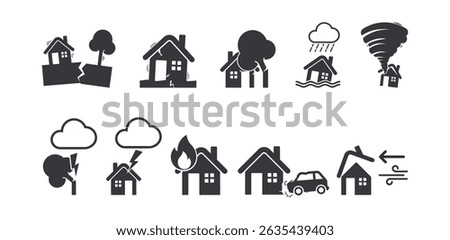 Bundle set of natural disaster icons including earthquake, storm, tornado, thunderstorm, flood, fire, and car crashing into house.