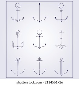 Paket und Set nautischer Anker Symbol für Tätowierungs Logo einfache Linie Kunst Vektorgrafik Design, Variation der kreativen Anker