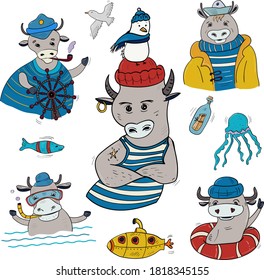 Bundle Set on a marine theme with bulls. Elements: seagull, bottle with letter, submarine, fish, swimming. Collection of objects and animals in cartoon style