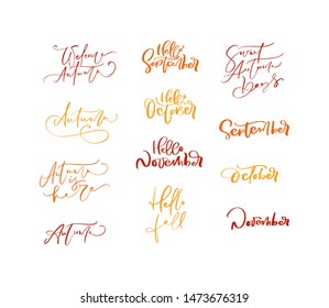 Bundle set of Orange vector lettering calligraphy autumn phrases. Hand drawn isolated illustration for greeting card. Perfect for seasonal holidays, Thanksgiving Day