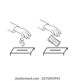 O esboço do pacote ilustra uma mão colocando dinheiro em uma caixa de doação, simbolizando caridade, contribuição, doação, captação de recursos e apoio financeiro.