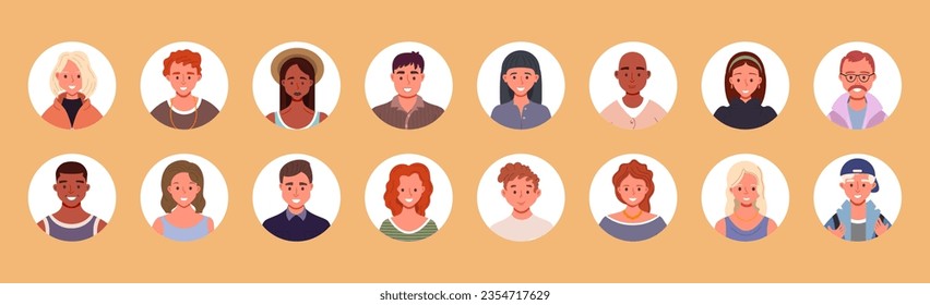 Conjunto de avatares de personas. Retratos de usuarios en círculos. Iconos masculinos y femeninos de cara humana. Personajes sonrientes. Ilustración vectorial de dibujos animados planos.
