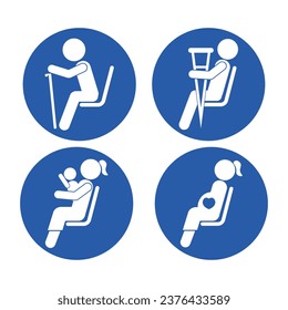Bundle set pictogram blue round sign priority seat, for elder, disable, pregnant, woman with baby or children, for bus transport or public area sign