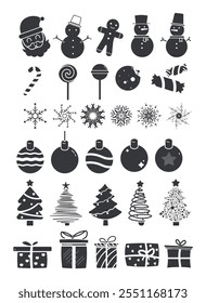 Bundle set pictogram Christmas decorations, candy, peppermints, gingerbread, gifts, tree, etc