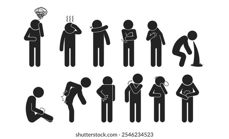 Bundle set pictogram icon health issue, headache, heart attack, stomach pain, muscle knee and shoulder stress, flu and cold sign