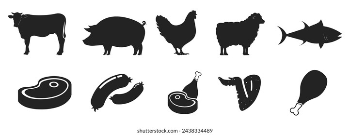 Bundle set pictogram icon of meats and animals, cow, pig, chickem, lamb, fish