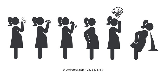Bundle set pictogram icon for pregnant women, isolated on a white background, suitable for health or warning materials