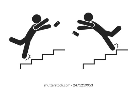 Bundle set pictogram of man fall on stair with phone, for safety sign do not use mobile phone on stairs