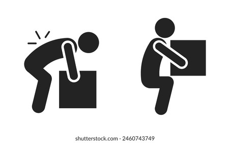 Bundle set of pictogram right and wrong way to lift heavy box, for backpain safety sign