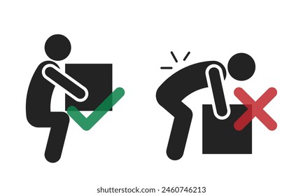 Bundle set of pictogram right and wrong way to lift heavy box, for backpain safety sign