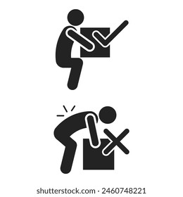 Bundle set of pictogram right and wrong way to lift heavy box, for backpain safety sign