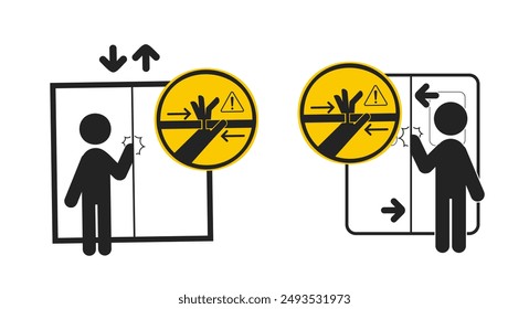 Bundle set pictogram sign hand pinch risk on closing door, for lift, elevator, bus, train, gate, door label 