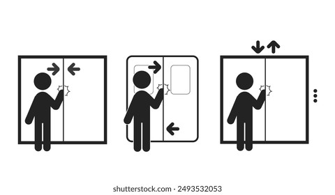 Bundle set pictogram sign hand pinch risk on closing door, for lift, elevator, bus, train, gate, door label