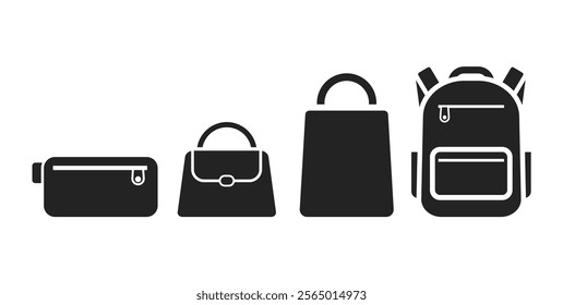 Bundle set pictograms: icons of bags, including backpack, pouch, and handbag, on a white background