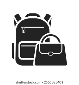 Bundle set pictograms: icons of bags, including backpack, pouch, and handbag, on a white background