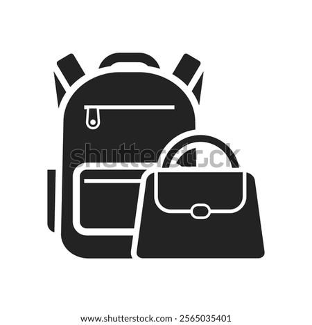Bundle set pictograms: icons of bags, including backpack, pouch, and handbag, on a white background