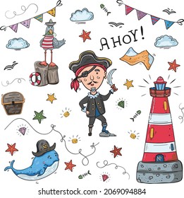 Bundle Set Pirate. Ahoy, Marine Items Sea Lighthouse, Seagull with Fish in Beak, Treasure Map, Pirate Jolly Roger with Saber, Diamond, Lifebuoy, Whale in Tricorne Hat, Large collection Scrapbooking