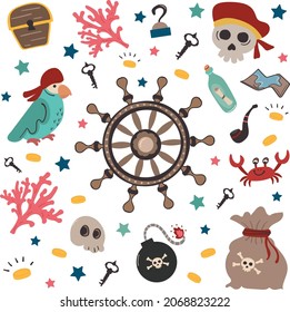 Bundle Set Pirate. Marine Items Bomb, Corsair Parrot, Steering Wheel, Smoking Pipe, Skull with Bandage and Tricorne, Crab with Claws, etc. Large collection for Scrapbooking or Printing Stickers