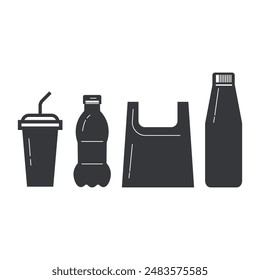 Bundle set of plastic bag, cup, bottle icon for waste recycle symbol and sign