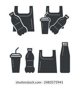 Bundle set of plastic bag, cup, bottle icon for waste recycle symbol and sign