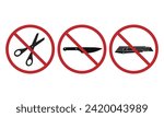 Bundle set of prihibition sign do not bring or use cutter, cutting tool, sharp object, scissors, knife, knives, blade  