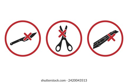 Bundle set of prihibition sign do not bring or use cutter, cutting tool, sharp object, scissors, knife, knives, blade  