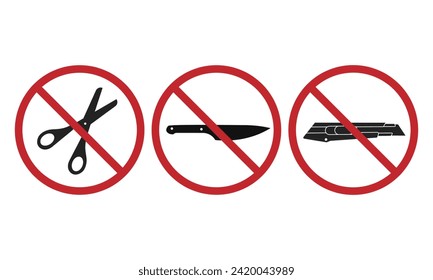 Bundle set of prihibition sign do not bring or use cutter, cutting tool, sharp object, scissors, knife, knives, blade   svg