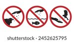Bundle set prohibition sign feed animals, with illustration hand give food to fish, mammal, cow, bird in round red crossed sign
