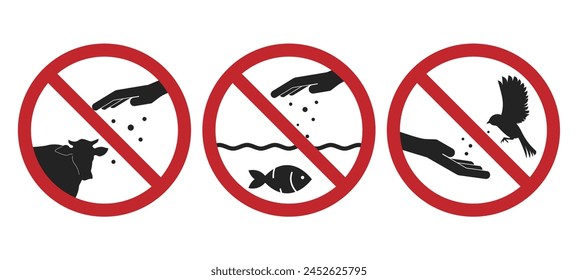 Bundle set prohibition sign feed animals, with illustration hand give food to fish, mammal, cow, bird in round red crossed sign