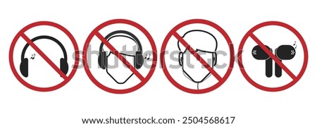 Bundle set prohibition sign to use Headphones, earphones, TWS, Buds, Music Hear, for class, driving, meeting and indoor label