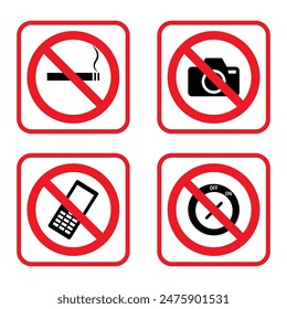 Bundle set of prohibition signs camera phones are not allowed, do not take pictures and videos with cameras round crossed red labels