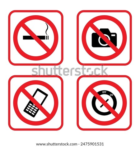 Bundle set of prohibition signs camera phones are not allowed, do not take pictures and videos with cameras round crossed red labels