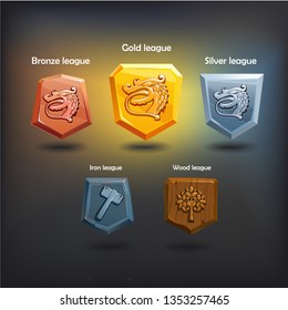 Bundle Set of  rating icons for mobile game. UI victory trophy copcept. Winner Score icons. Golden bronze silver wood iron leagues with dragon. Achievements