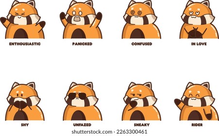 Bundle - Set of red pandas cartoon style - facial expressions and emotions - vector illustration in a cute - kawaii style