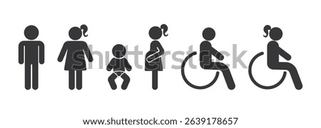 Bundle set of restroom icons for men, women, baby changing, pregnancy, and accessibility, designed for public signage and facility labeling.