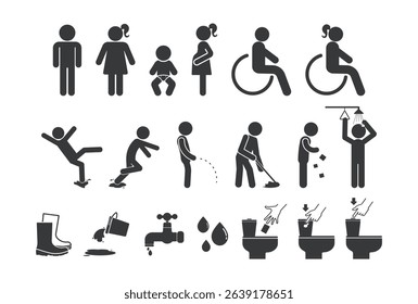 Bundle set of restroom safety icons for men, women, baby changing, pregnancy, and accessibility, designed for public signage and facility labeling.