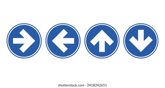 Bundle set of round circle blue direction sign, in isolated white