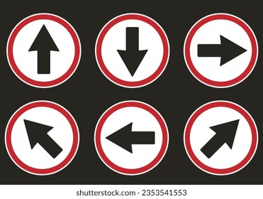 Bundle set of round circle up, down, left, right, diagonal way direction sreet sign in red white black color