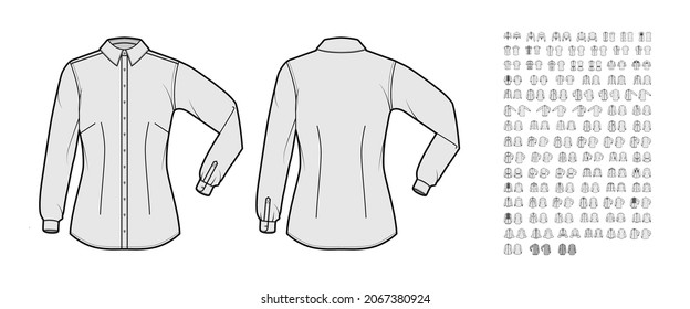 Bundle Set of Shirts technical fashion illustration with long short elbow sleeves with cuff, pockets, fitted relax body. Flat apparel top outwear template front, back, grey color. Women men CAD mockup