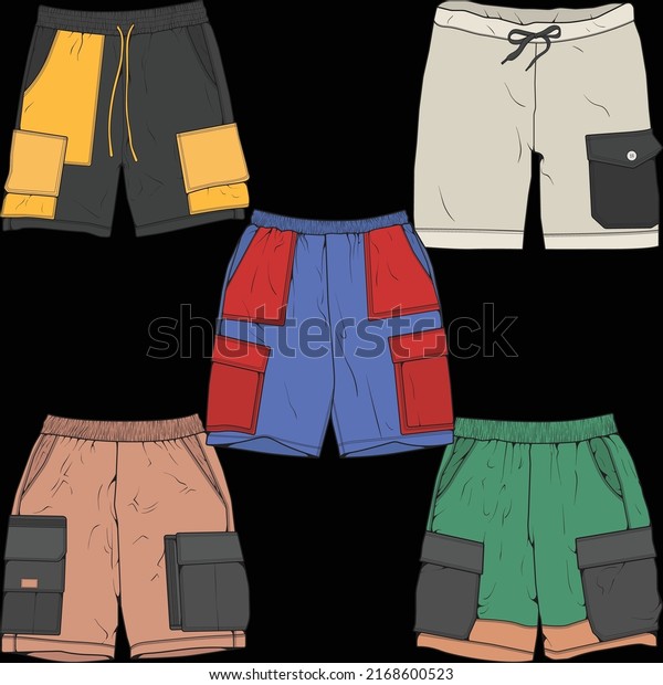 bundle set short pants color block\
drawing vector, bundle set  short pants in a sketch style, trainers\
template, vector\
Illustration.\
