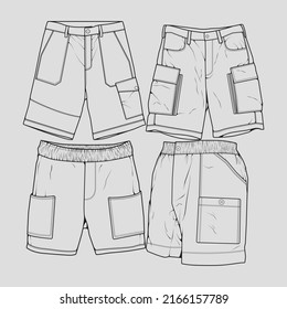 bundle set short pants outline drawing vector, set short pants in a sketch style, trainers template outline, vector Illustration.
