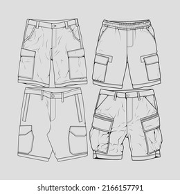 Bundset kurze Hosen Umrisslinie Vektorgrafik, setzen kurze Hosen in einem Skizzenstil, Trainer Vorlagenumriss, Vektorgrafik.
